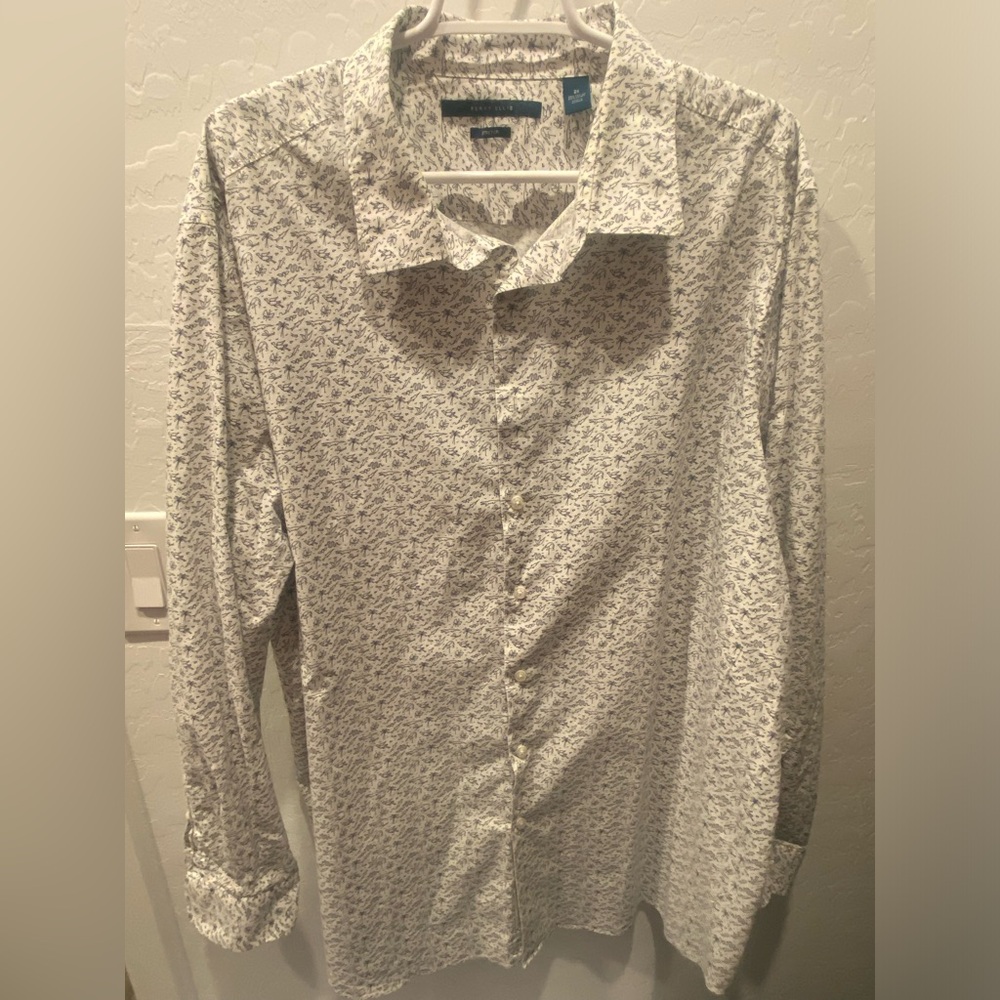 Perry Ellis Shirt Men's 2XL Fish & Bird Print Stretch Untucked Slit Button Down